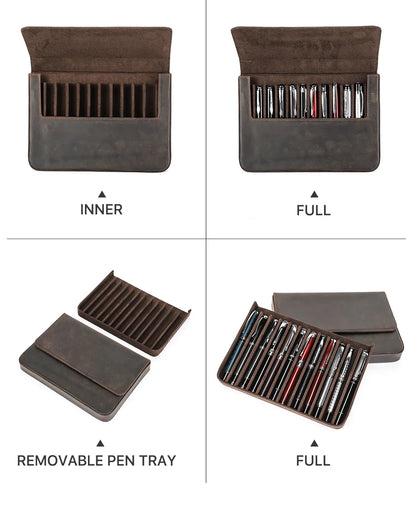 Luxury Genuine Leather 12 Slots Fountain Pen Case Box Office School Stationery Pen Storage Pouch Holder with Removable Pen Tray