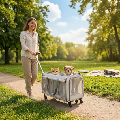 Pet Stroller Suitcase Telescopic Handle Pet Carriage Mesh Panels Animal Transport Cart Top Opening Ventilated for Outdoor Travel