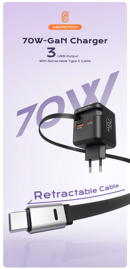 70W GaN Fast Charger with Type-C Retractable Cable 3 IN 1 PD3.0 QC4.0 PPS Fast Charging for IPhone 16 15 14 Xiaomi Tablet Laptop