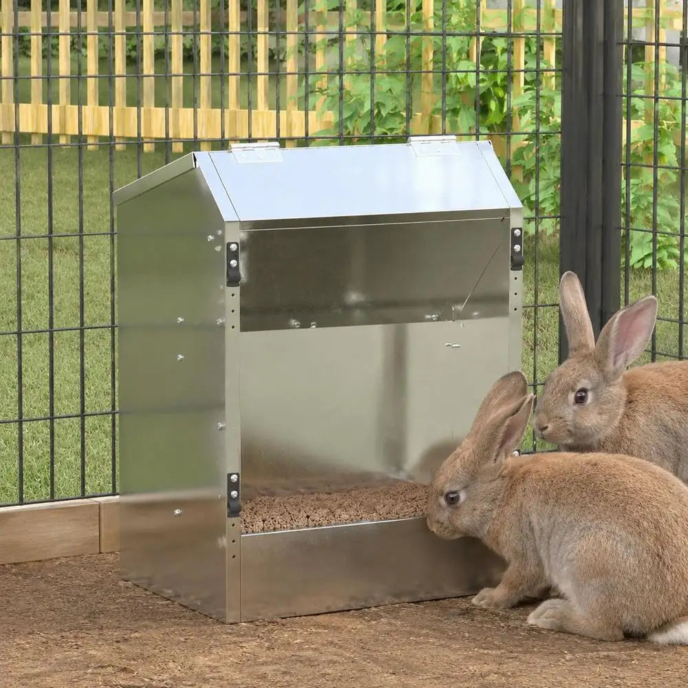 33.5x25.5x45.5 Cm Rabbit Feeder, Galvanized Steel Automatic Food Dispenser, Easy To Clean Large Capacity, Indoor Outdoor Use, Silver