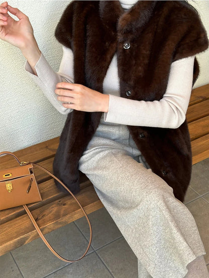 Women's Autumn Winter Faux Mink Hair Stand Collar Sleeveless Loose Vest Jacket Lady Streetwear Single Breasted Faux Fur Vest Top