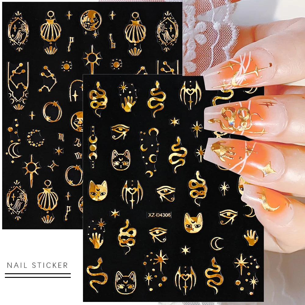 12Pcs 3D Gold Star Moon Sun Nail Stickers 10*8cm Y2K Starlight Self-adhesive Nail Decals Snake Cat Slider DIY Manicure Accessory