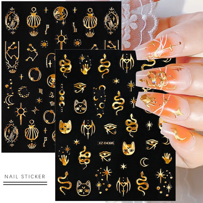 12Pcs 3D Gold Star Moon Sun Nail Stickers 10*8cm Y2K Starlight Self-adhesive Nail Decals Snake Cat Slider DIY Manicure Accessory