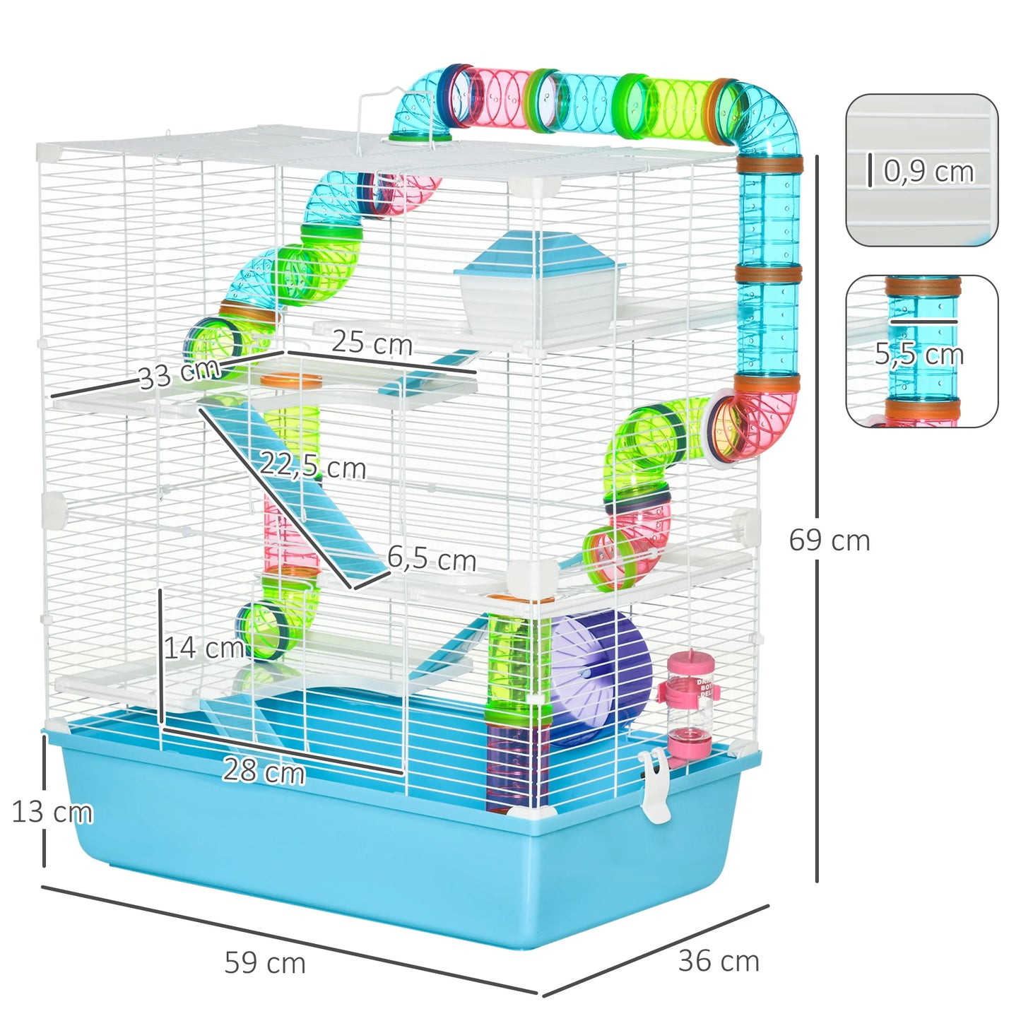 Large 5-stage hamster rodent cage with water watering tunnel wheel Dim. cages room ladder for pet animals, hamster cages rat cages, pet animals furniture