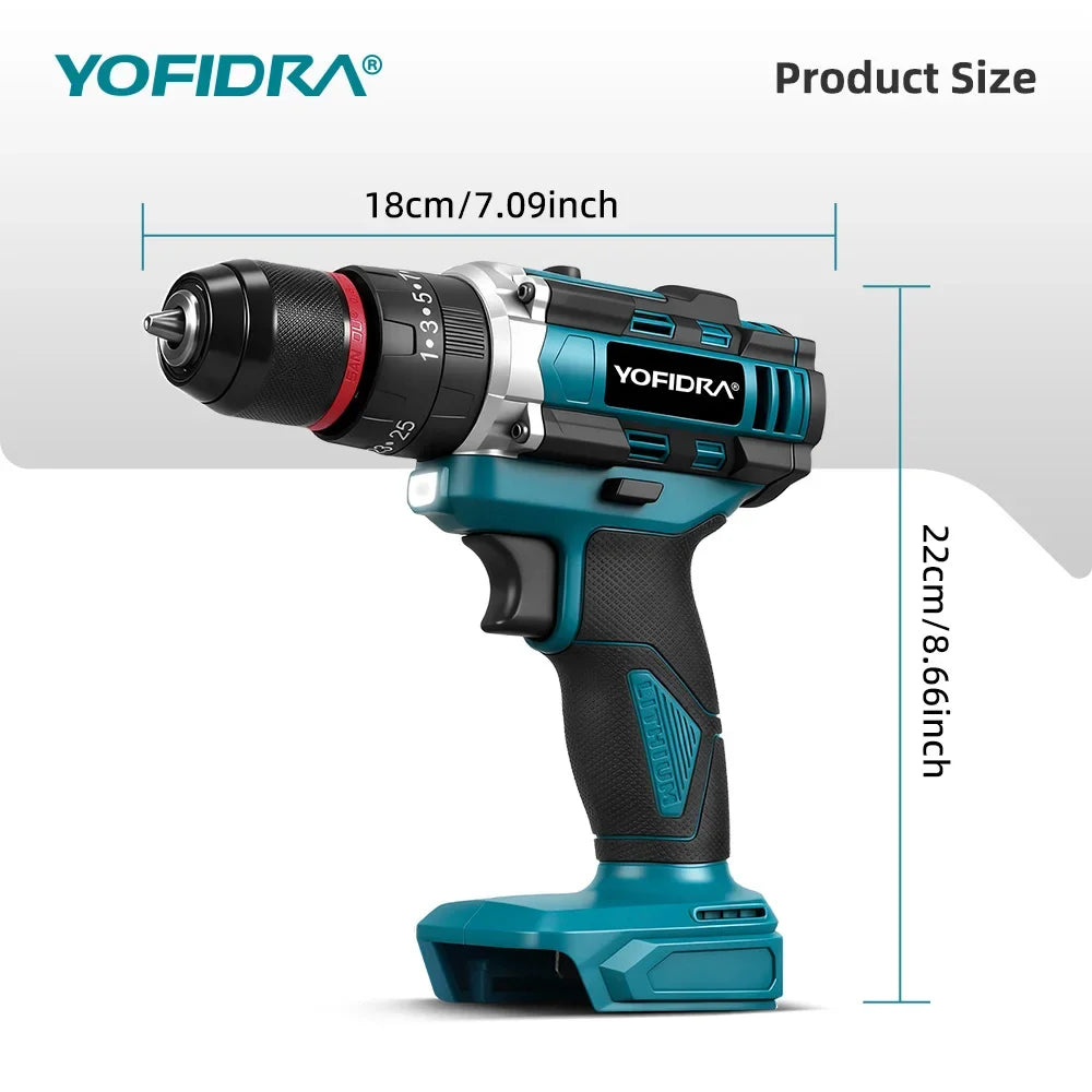 YOFIDRA  3 IN 1 25+3 Torque Electric Impact Drill Cordless Impact Drill Househeld Woodworking Power Tool for Makita Battery Pin
