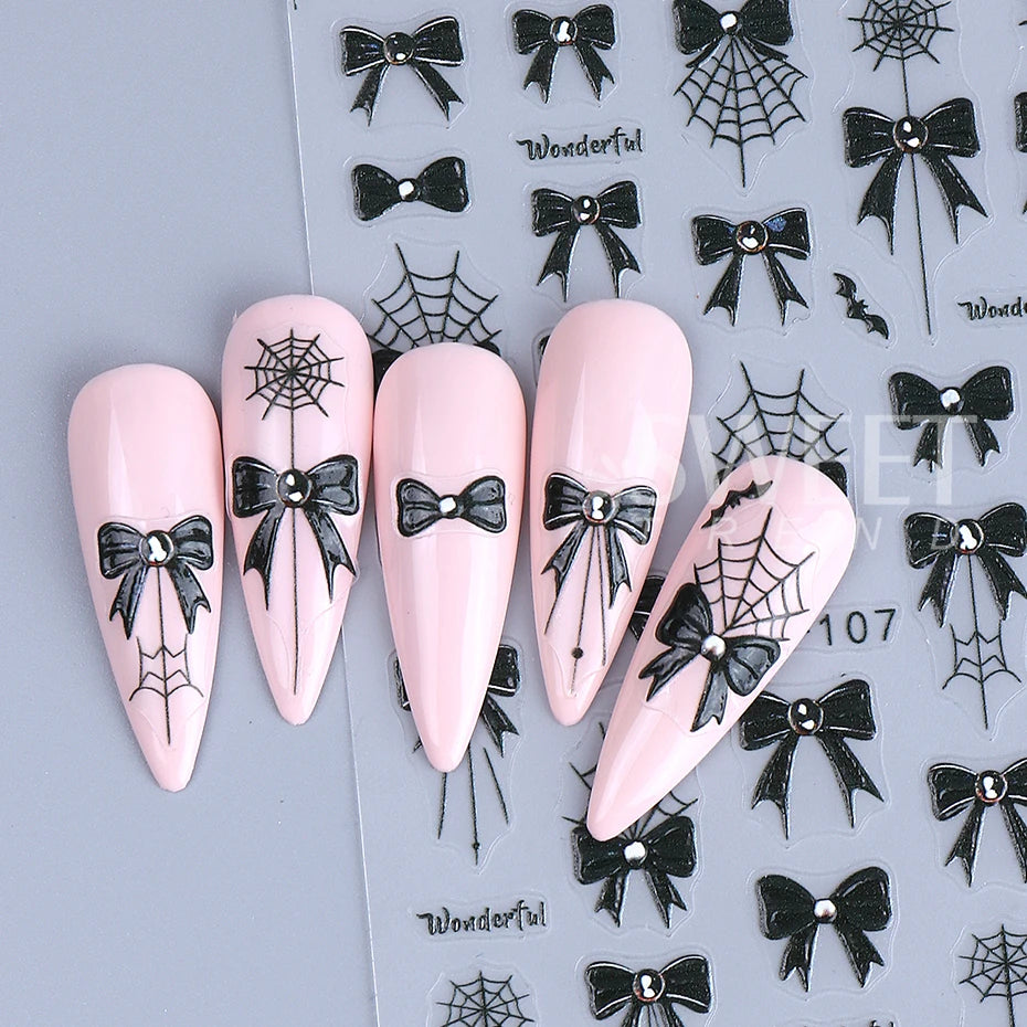 1/3pcs 3D Halloween Nail Stickers Pumpkin Ghost Spider Skull Design Bow  Flower Cute Cat Adhesive Slider Decals Manicure Decor