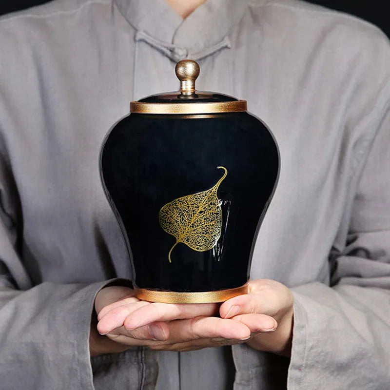 Human Cremation Urns for Ashes, Memorial Ash Holder, Keepsake Souvenirs Gift, Chinese-Style Leaf Ceramic Storage Decoration