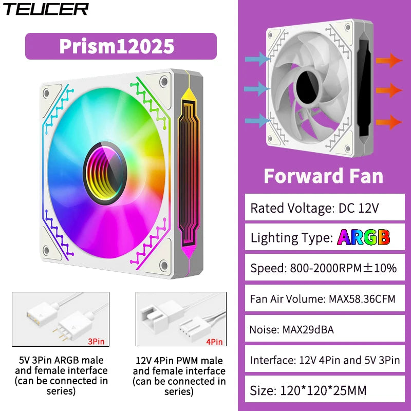 TEUCER 1PCS Prism12025 PC Case Fan 120mm 5V 3Pin ARGB Cyclic Mirror Light Effect PWM 800 to 2000RPM Cooling Fan