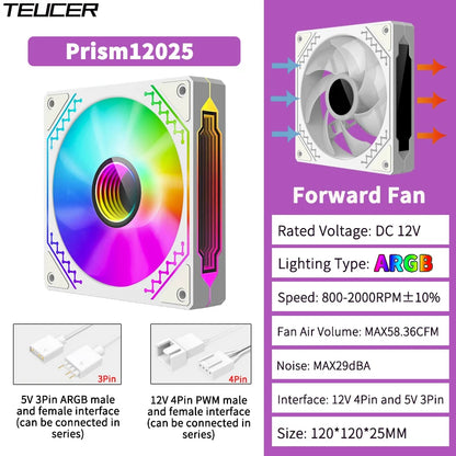 TEUCER 1PCS Prism12025 PC Case Fan 120mm 5V 3Pin ARGB Cyclic Mirror Light Effect PWM 800 to 2000RPM Cooling Fan