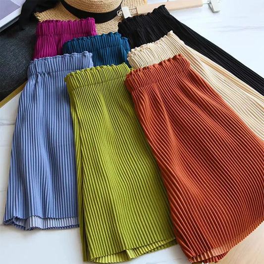 Women Casual Wide Leg Shorts 2025 Summer Elastic High Waist Pleated Shorts Woman Solid Color Loose Ice Silk Knee-Length Pants