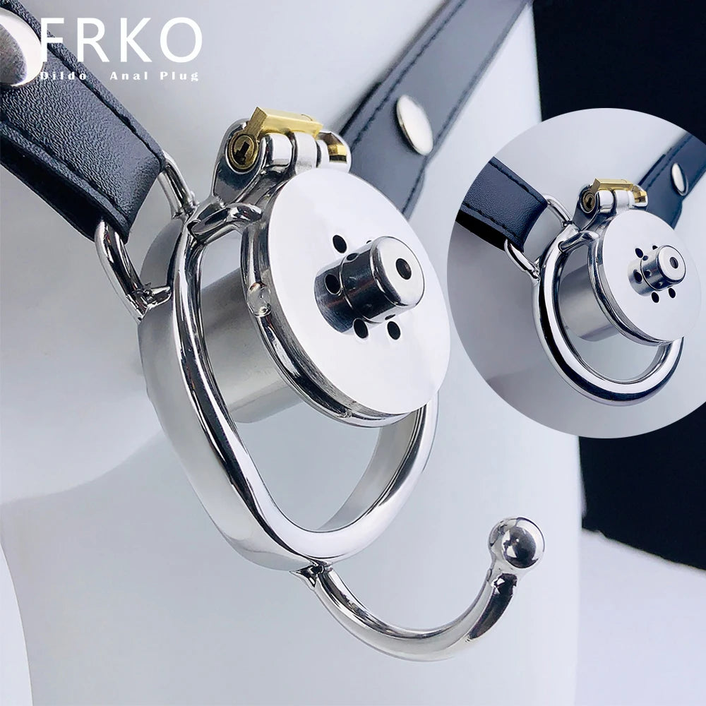 FRKO Male Stainless Steel Inverted Chastity Cage Device Urethral Catheter Lock Cock Penis Ring 정조대 BDSM Belt Sex Toys For Men 18