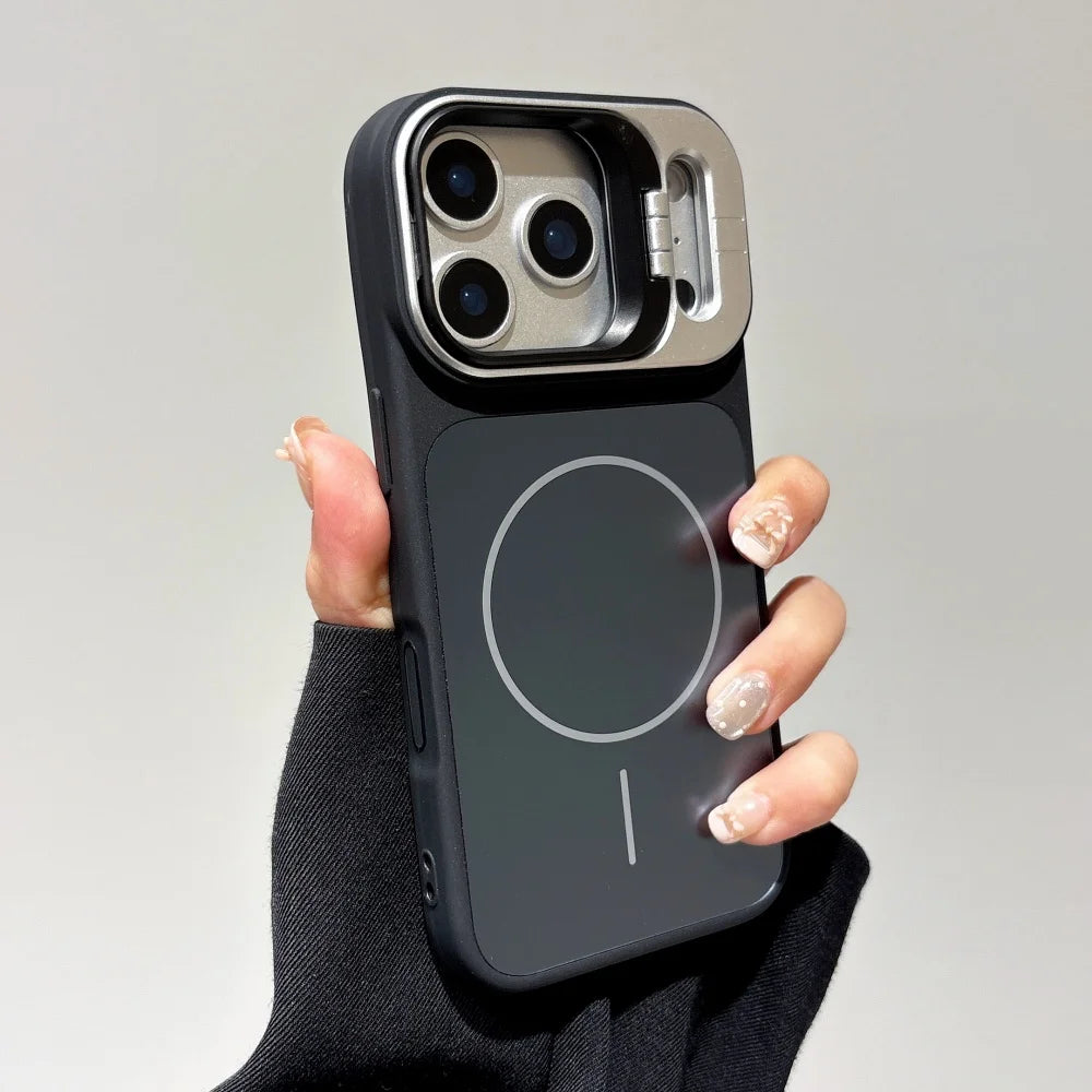 Alloy Lens Camera Holder Cases For iPhone 17 16 15 14 13 12 11 Pro Max For Magsafe  Magnetic Stand Hard PC Wireless Charge Cover