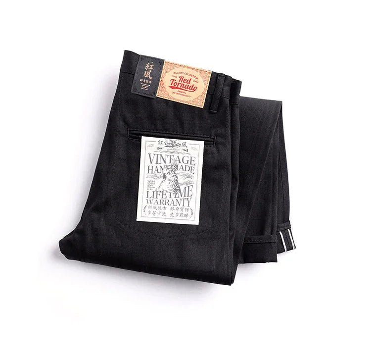 Red Tornado Black Men's Jeans Relaxed Fit 14.5oz Selvedge Denim Officer Trousers