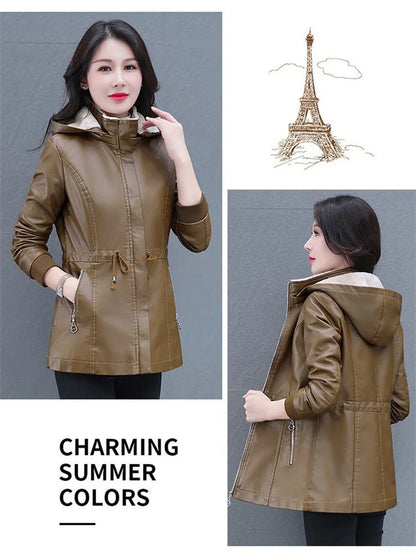 Winter Coat New Fashion Soft Leather Clothes Women's Long Sheep Leather Jacket Plus Velvet Padded Warm Coat