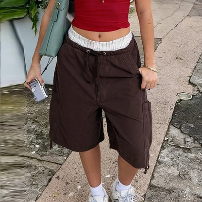 Women Y2K Baggy Cargo Shorts Knee Denim Length Drawstring Waist Multi Pocket Casual Streetwear Summer Loose Fit Jorts