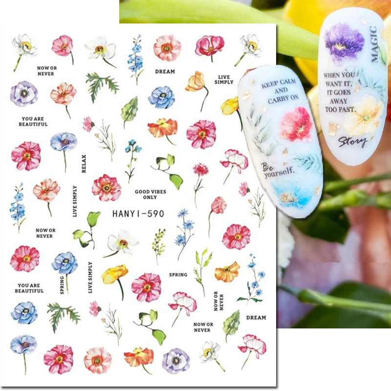 3d Nail Art Decals Elegant White RoyalBlue Roses Flowers Adhesive Sliders Nail Stickers Decoration For Nail Manicure