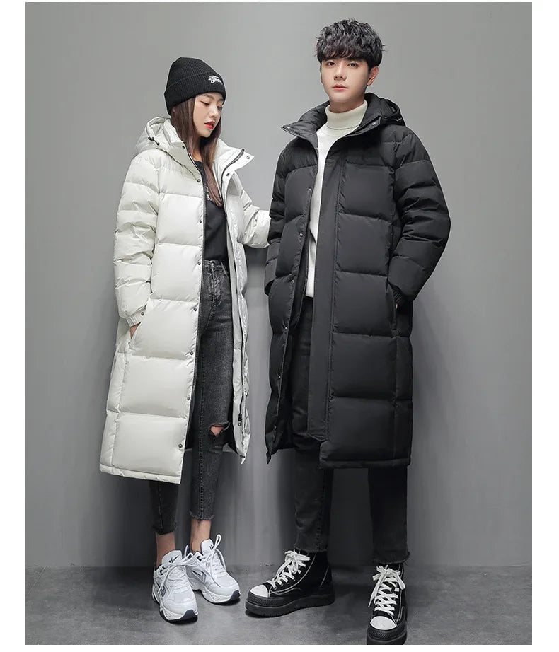 FGKKS 2025 Couple Winter Down Jacket Fashion Classic Slim Korean Style White Duck Down Men's Long Coat Women Hooded Outwear