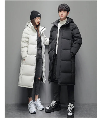 FGKKS 2025 Couple Winter Down Jacket Fashion Classic Slim Korean Style White Duck Down Men's Long Coat Women Hooded Outwear