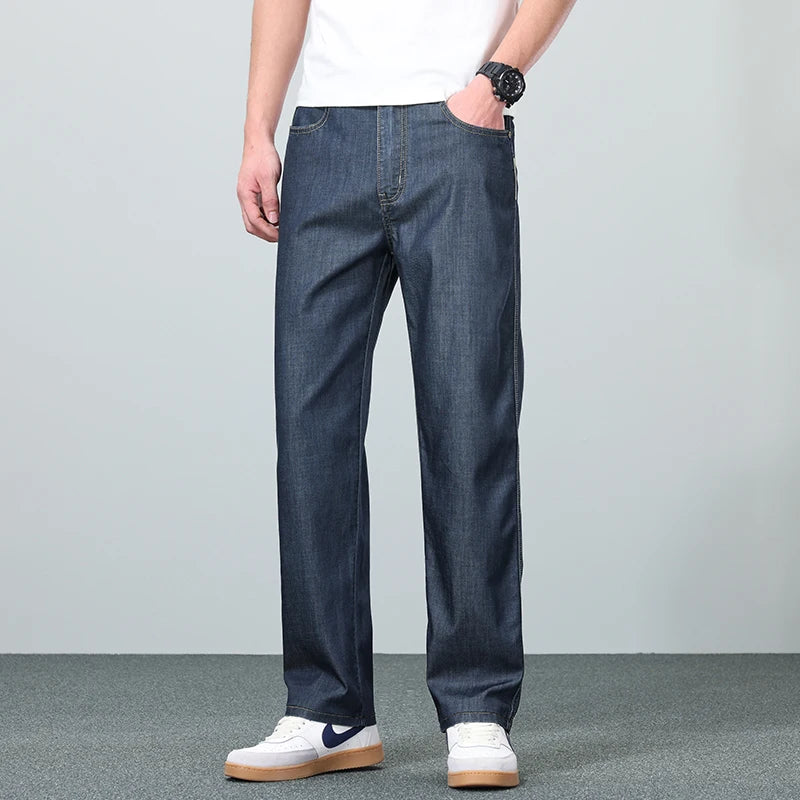 Brand Clothing Summer Lyocell Fabric Stretch Jeans Business Loose Straight Casual Trousers Fashion Versatile Pants Plus Size 40