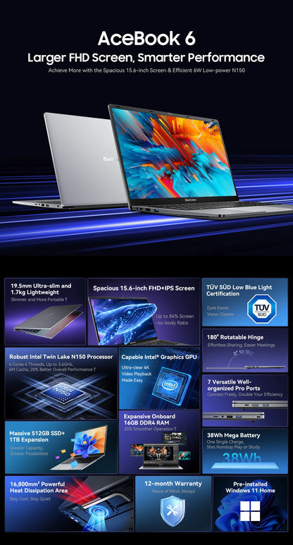 Blackview Acebook 6 Laptop, Laptops Computer for Business Student, Quad-Core N150,16GB DDR4 256GB SSD,15.6” FHD IPS TÜV Screen
