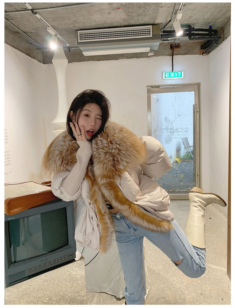 Oversized Winter Warm Real Fox Fur Collar Black Down Coat Women Puffer Outerwear Jackets 2024 Autumn Winter