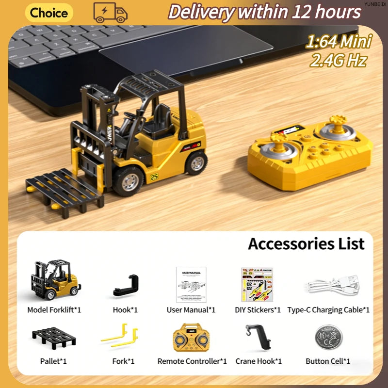 1:64 Remote Control and Alloy Truck Forklift with Trailer Worktop Mini Bluetooth RC Elevator Vehicle Children's Toy Holiday Gift