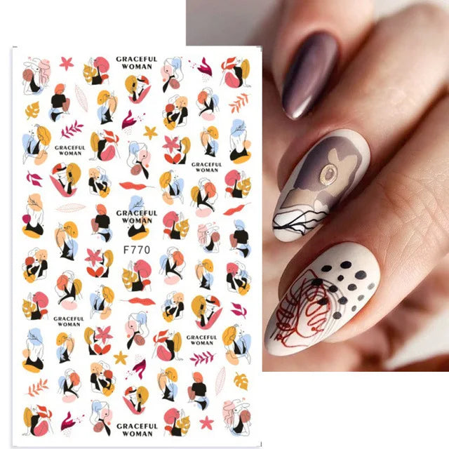 Black and White Love Flowers Line Art 3D Stickers Nail Decals Nail Art Accessories Butterfly Rose Nail Stickers Nail Sliders