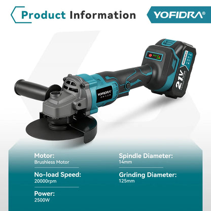 YOFIDRA 125mm Brushless Electric Angle Grinder 20000RPM Wood Metal Cutting Grinding Polishing Power Tool For Makita Battery Pin