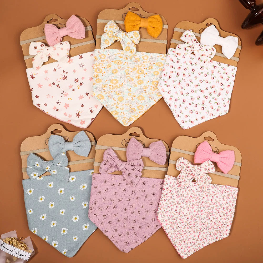 3Pcs/Set Muslin Cotton Print Bib Newborn Bows Headband Triangle Saliva Towel Infant Boy Girl Feeding Burp Baby Hair Accessories