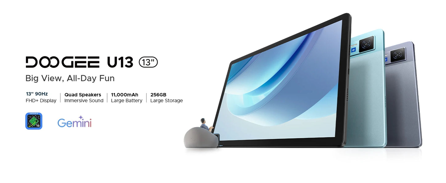 DOOGEE U13 2 IN 1 Tablet PC Android 16 13'' Display 32GB(6GB+36GB) 256GB 11000mAh Battery Quad Speakers UNISOC T7280 Widevine L1