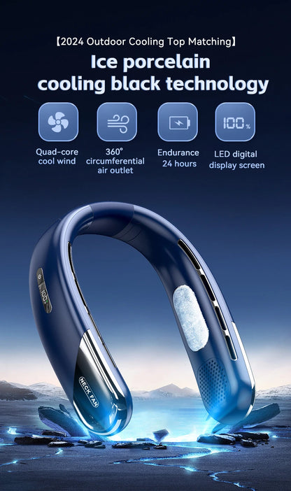 Lenovo Neck Fan 5 Speed Adjustable Bladeless Silent Neck Hanging Fan USB Rechargeable LED Digital Display Ice Refrigeration Fan
