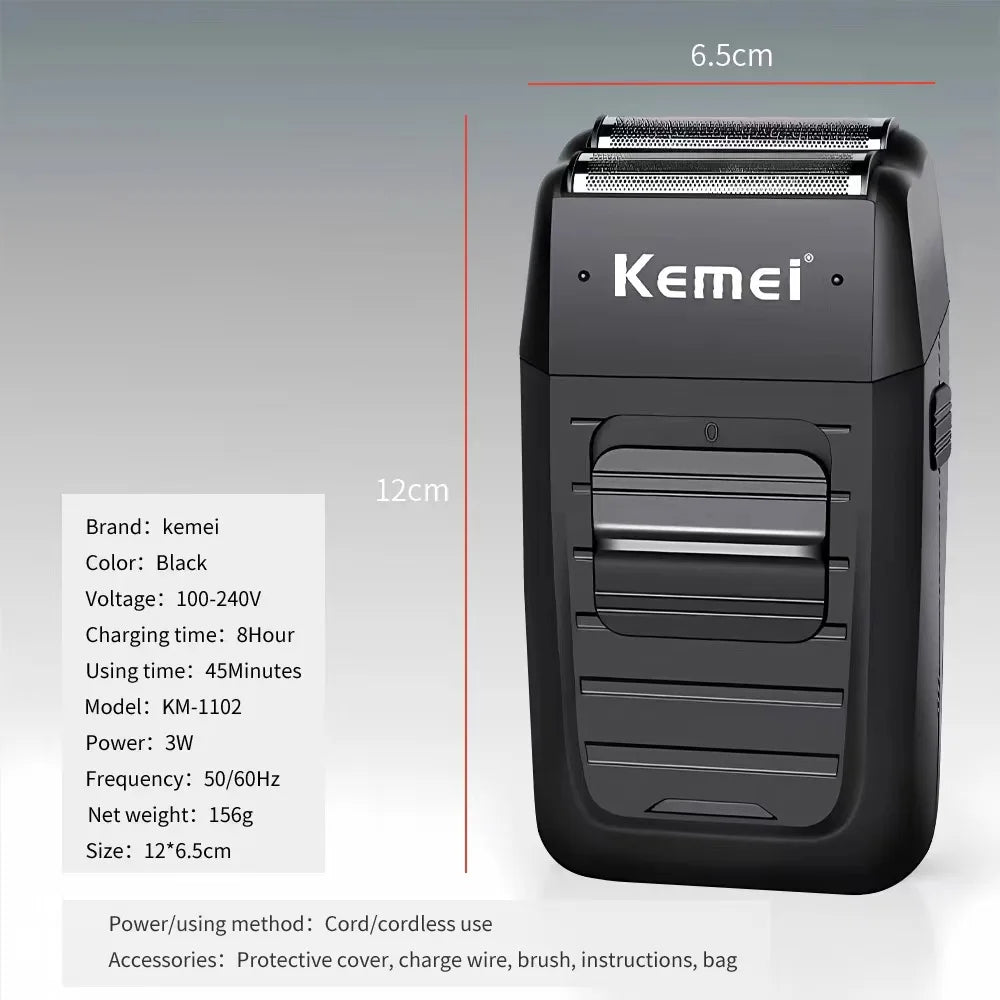 Kemei KM-1102 Rechargeable Cordless Shaver for Men Twin Blade Reciprocating Beard Razor Face Care Multifunction Strong Trimmer