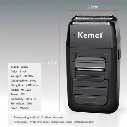 Kemei KM-1102 Rechargeable Cordless Shaver for Men Twin Blade Reciprocating Beard Razor Face Care Multifunction Strong Trimmer