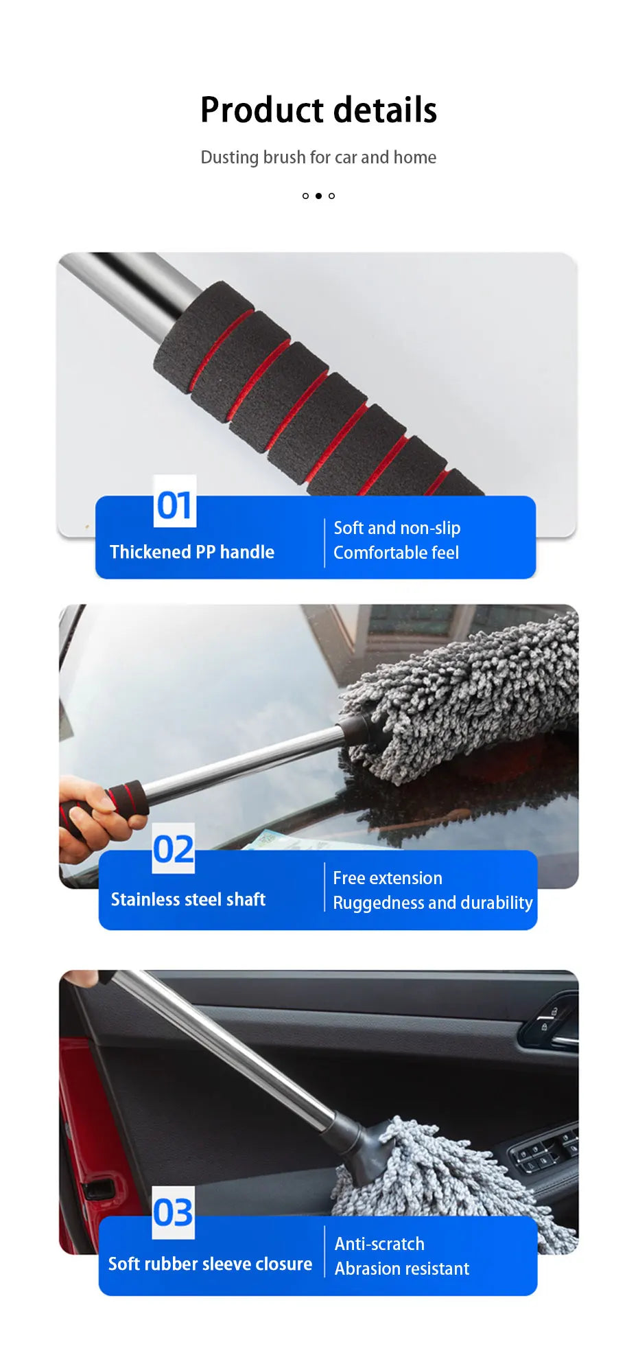 SEAMETAL Retractable Car Duster Stainless Steel Long Handle Dusting Brush Microfiber Dust Remover Car Household Cleaning Tools