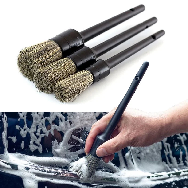 3Pcs Natural Boar Hair Car Detailing Brush Set Soft Bristle Car Cleaning Brush Kits Auto Tire Wheel Wash Exterior Accessories