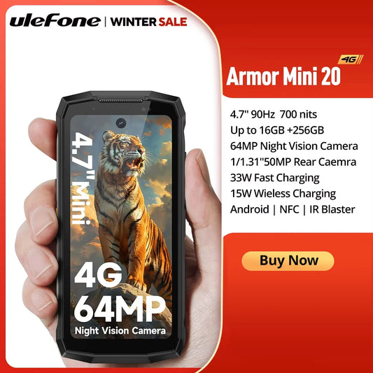 Ulefone Armor Mini 20 4G 4.7" Rugged Phone 64MP Night Camera Android 14 Smartphone 6200mAh Mobile Phone NFC 16GB+256GB 33W G99