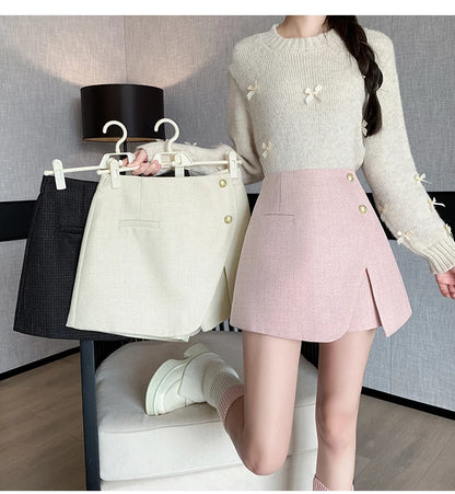 Autumn Winter Tweed Skirts Shorts Women Fashion Streetwear Cross Irregular Booty Shorts Pink Black Culottes Wide Leg Short Pants