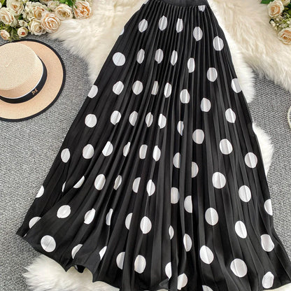 2026 Pleated Skirt Elastic Waist Polka Dot Fashion Printed Slim Pleated Skirt Women's Summer New Beach Vacation Mid-length Skirt