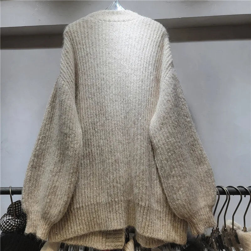 DEAT Women's Cardigan V-neck Patchwork Denim Pockets Diamonds Loose Long Sleeve Knitted Sweaters 2026 New Autumn Fashion 29A3243