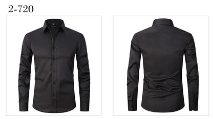 Men's long-sleeved shirt made of elastic fabric, wash-and-wear wrinkle-resistant business casual, silky smooth, pure color shirt
