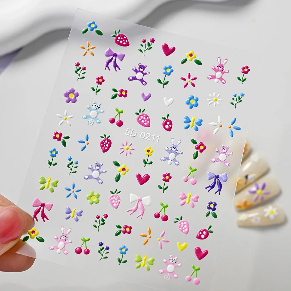 5D Hibiscus Flower Nail Embossed Sticker Acrylic Pink White Gold Petal Leaf Adhesive Decal Butterfly Dragon Floral Elegant Decor