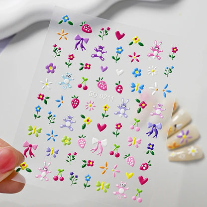 5D Hibiscus Flower Nail Embossed Sticker Acrylic Pink White Gold Petal Leaf Adhesive Decal Butterfly Dragon Floral Elegant Decor