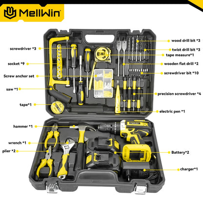 MELLWIN 25+3 Torque Electric Impact Drill 2 Speed Adjustable Cordless Electric Screwdriver Power Tool For Makita 18V Battery Pin