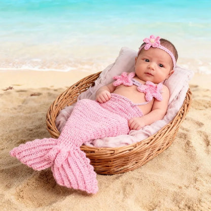 3Pcs Newborn Photography Props Baby Girl Crochet Mermaid Tail Outfit Handmade Photo Shoot Costume Bebe Headband Clothes Set