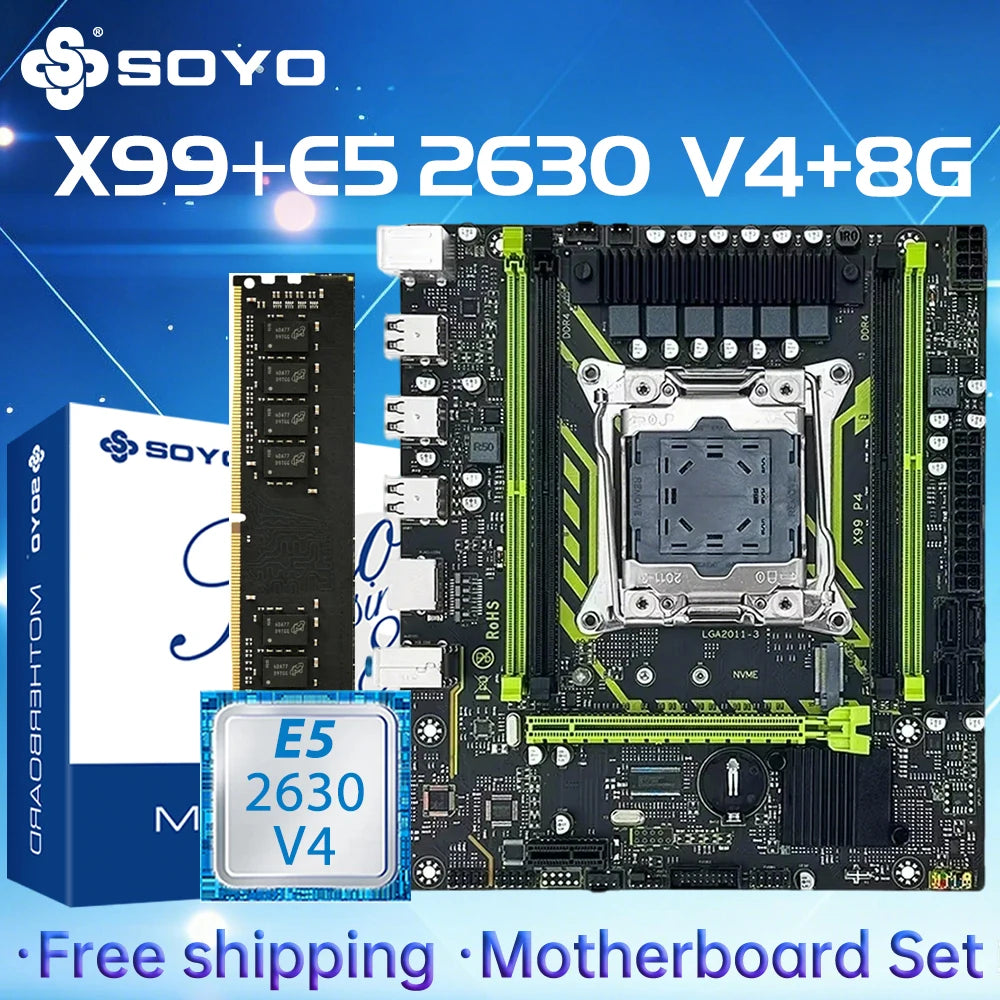 SOYO X99 Motherboard Set With LGA2011-3 Xeon E5 2630 V4 CPU DDR4 8GB (1*8GB)  2133MHz RAM NVME M.2 SATA Computer Accessories