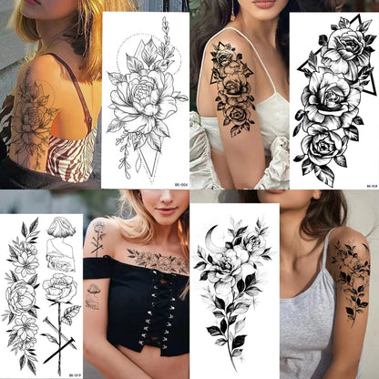 Waterproof Temporary Tattoo Sticker Flowers Roses Lilies Peonies Geometric Patterns Body Art Arm Fake Tattoos Sleeve Women Men