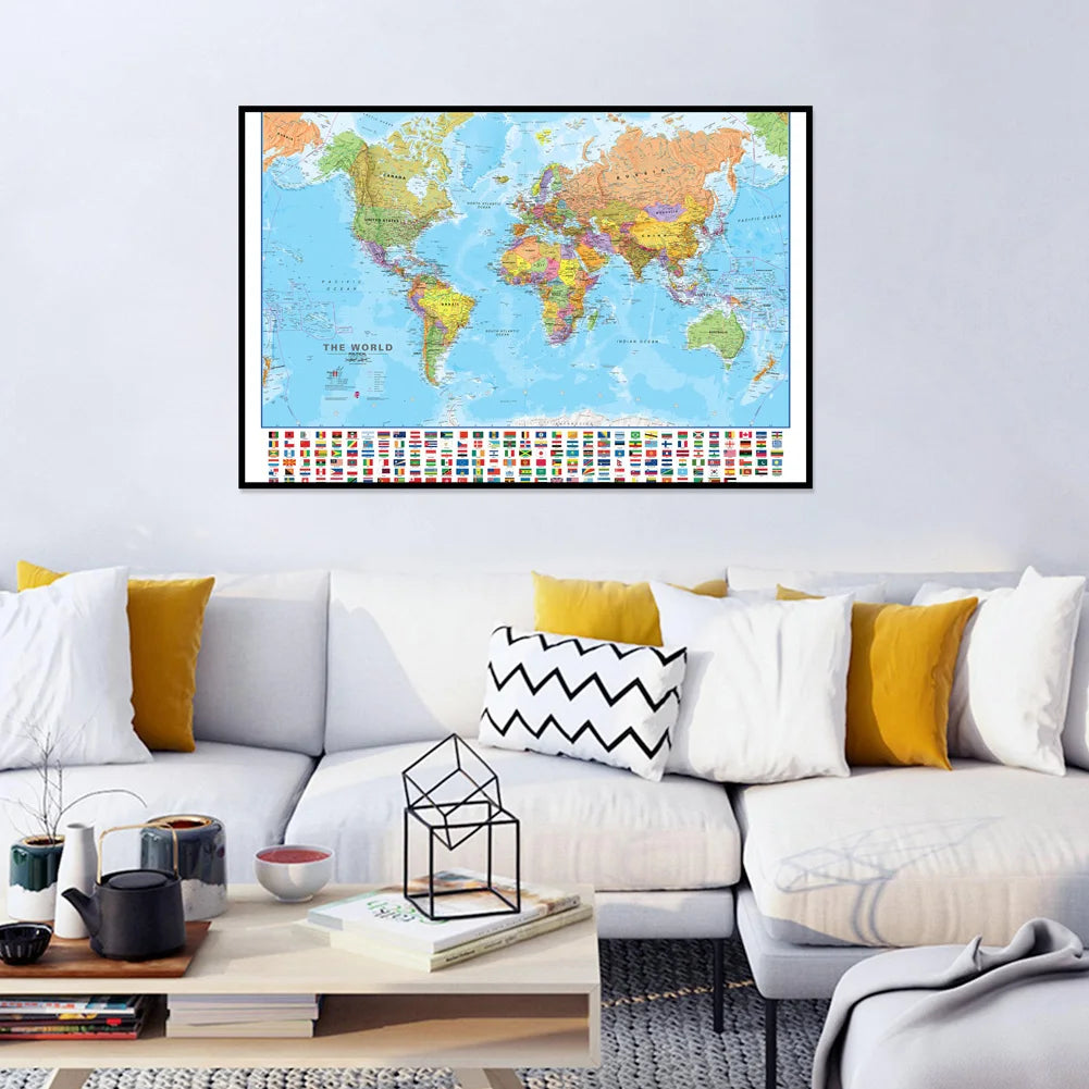 World Map Poster Modern Wall Art Canvas Painting Picture for Education Home Office School Supplies - 84x59cm/ 90x60cm