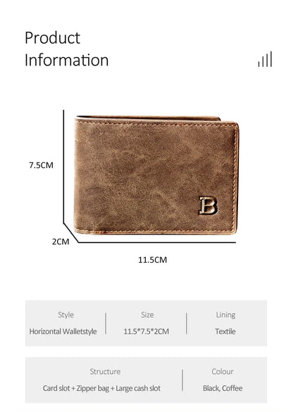 New Retro Men Short Wallet with Zipper Coin Bag Men Leather Wallet Small Money Purse Design Top Men Thin Wallet with Coin Bag