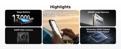 DOOGEE Fire 7 Ultra 5G Rugged Phone POC Walkie Talkie Mobile Phone 13000mAh Battery 32GB RAM (8+24) 256GB ROM Dimensity 6300 NFC