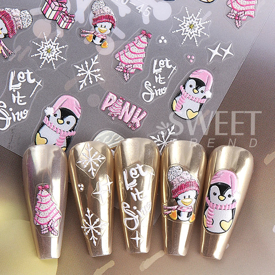 5D Embossed Christmas Nail Stickers Gingerbread Man Snowflake Snowman Penguin Nail Decal Autumn Winter Nail Supplies Decoration